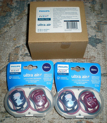 SEALED ( QTY 4 ) LOVE Philips Avent Ultra Air Orthodontic Silicone Pacifier 18m+