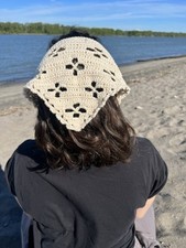 Crochet headscarf bandana made of white recycled cotton, fits size teen to adult