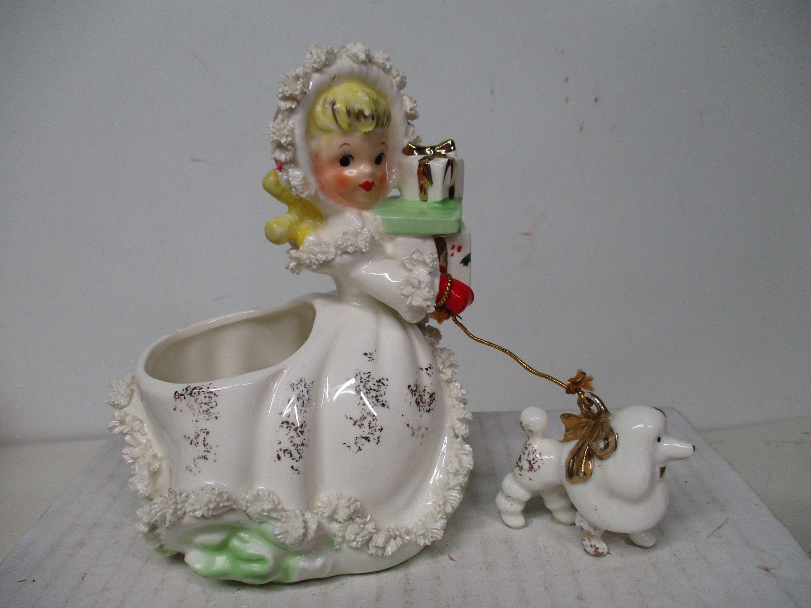 Vintage NAPCO Japan Ceramic Christmas Shopper Lady w Poodle Dog - White Dress