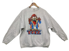 Vintage '90s Looney Tunes Sweatshirt Men L Gray Taz Tasmanian Devil Graphic USA