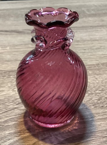Handblown Cranberry Art Glass Swirl Vase w/ Clear Applied Swirl Rigaree Collar - Picture 3 of 5