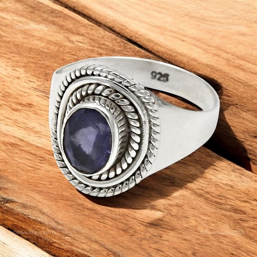 Oval Iolite Stone Solid Silver Cocktail Engagement Wedding Ring Jewellery Size Q - Picture 6 of 10