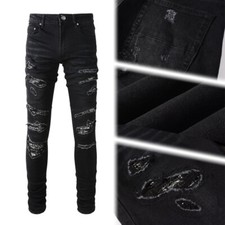Men's Stretchy Distressed Denim Skinny Jeans with Patches and Washed-Out Effect