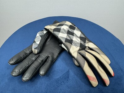Burberry Damen Nova Check Schwarz Leder Handschuhe Gr. 6,5