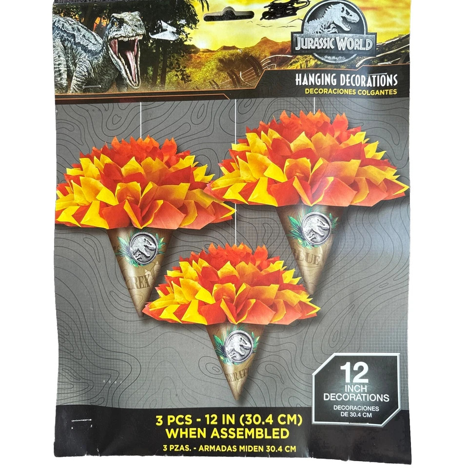 JURASSIC WORLD 3 PIEZAS Colgante Dino Decoraciones Fiesta de Cumpleaños NUEVO En Paquete Sellado Foto 2 de 4