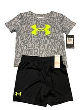 NWT UNDER ARMOUR 2 pc SET BOYS TODDLER DRI-FIT GRAY SHORT SLEEVE BLACK SHORTS 2T