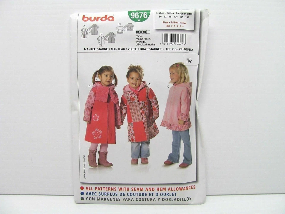 Burda 9676 Girls Zip Up Coat Jacket Sizes 18months - 6 Sewing Pattern Uncut #116 - Image 2 of 4