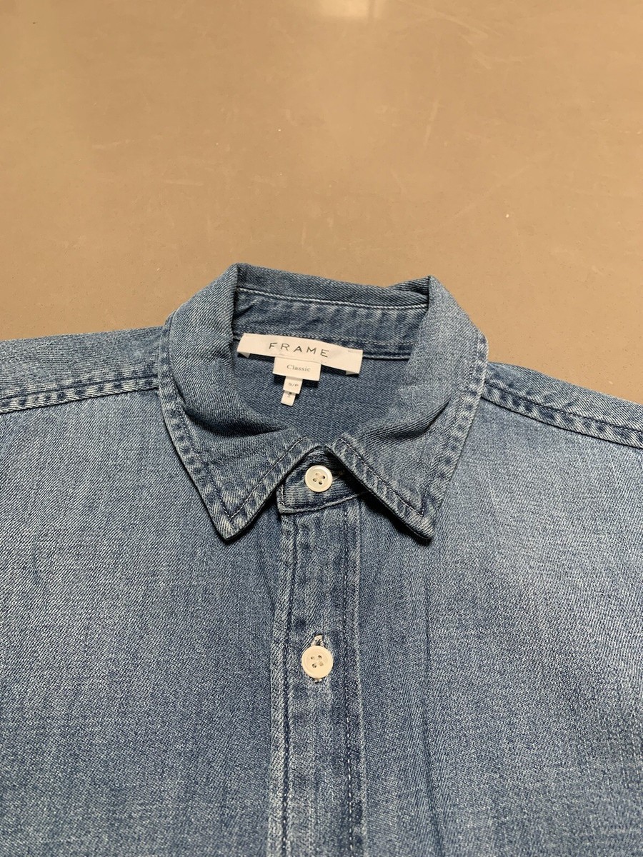 $250 FRAME Medium Wash Cotton Tencel Viscose Pocket Shirt S View 4
