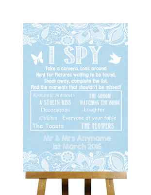 Blau Sackleinen Spitze Effekt I Spy Einweg Kamera Fotos personalisiert Hochzeit Schild