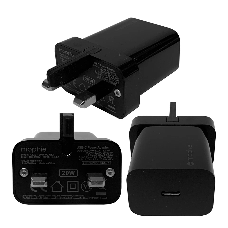 Cargador Mophie 20W Carga Rápida USB C PD Adaptador de Pared 3 Pin Reino Unido Enchufe Cabezal Solo Foto 4 de 4