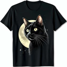 Enchanting Black T-Shirt with Striking Cat Graphic and Moonlit Design
