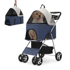 4-Wheel Pet Stroller for Medium Dogs & Cats - Detachable Carrier, Cup Holder,...