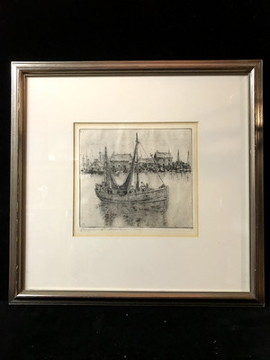 Benson B. Moore drypoint signed ''Guinea Boat Off Fire Point Island'' ed. of 50