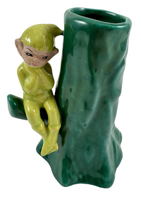Vintage GILNER Pottery Pixie Elf Tree Trunk Bud Vase Pencil holder Chartreuse