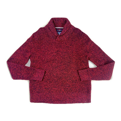 American Eagle Mens M Marled Wool Shawl Collar Sweater Red Black Pullover Ribbed