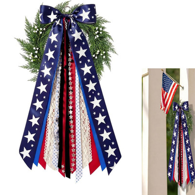 Patriotic Wreath Sash Ribbon Bow with Metal Clip 25'' 4th of July Independence