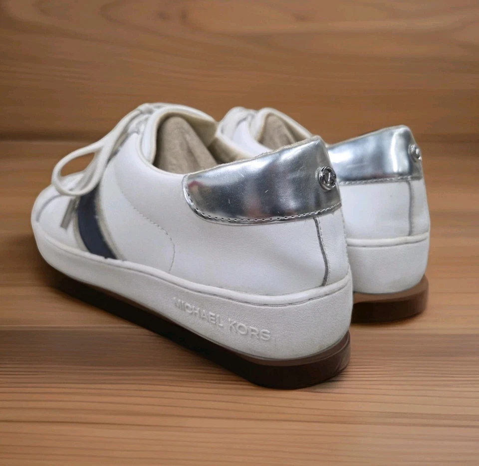 Michael Kors Irving Sneakers Genuine White Leather Blue & Silver Stripe 11M - Image 2 of 4