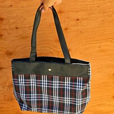 Burberry London Nova Check Plaid Tote Shoulder Bag Black Leather Vintage