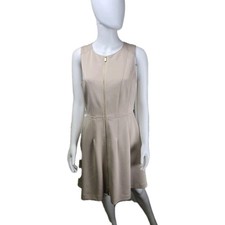 VINCE CAMUTO Scuba Fit Flare Midi  Dress 2-way Front Full-Zipper Beige Size 10