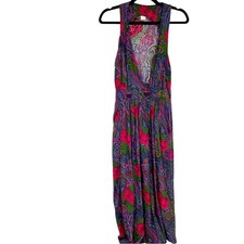 Vintage 1990s Bright Green & Pink Floral Sleeveless Deep V Neck Midi Dress XS
