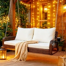 2-Seat Wicker Hanging Porch Swing Chair Outdoor Patio Swing Lounge w/ Side Table