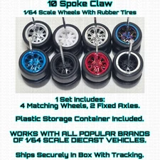 10 Spoke Claw Real Rider Wheels Rubber Tire For 1/64 Scale Hot Wheel & Other