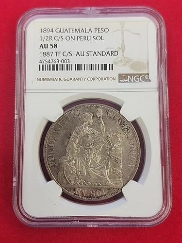 1887 Peru Un Sol C/stamp 1/2 Real Guatemala Ngc Au58