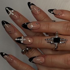 24pcs Black French Press On Nails, Long Almond Fake Nails with Rhinestone Accent