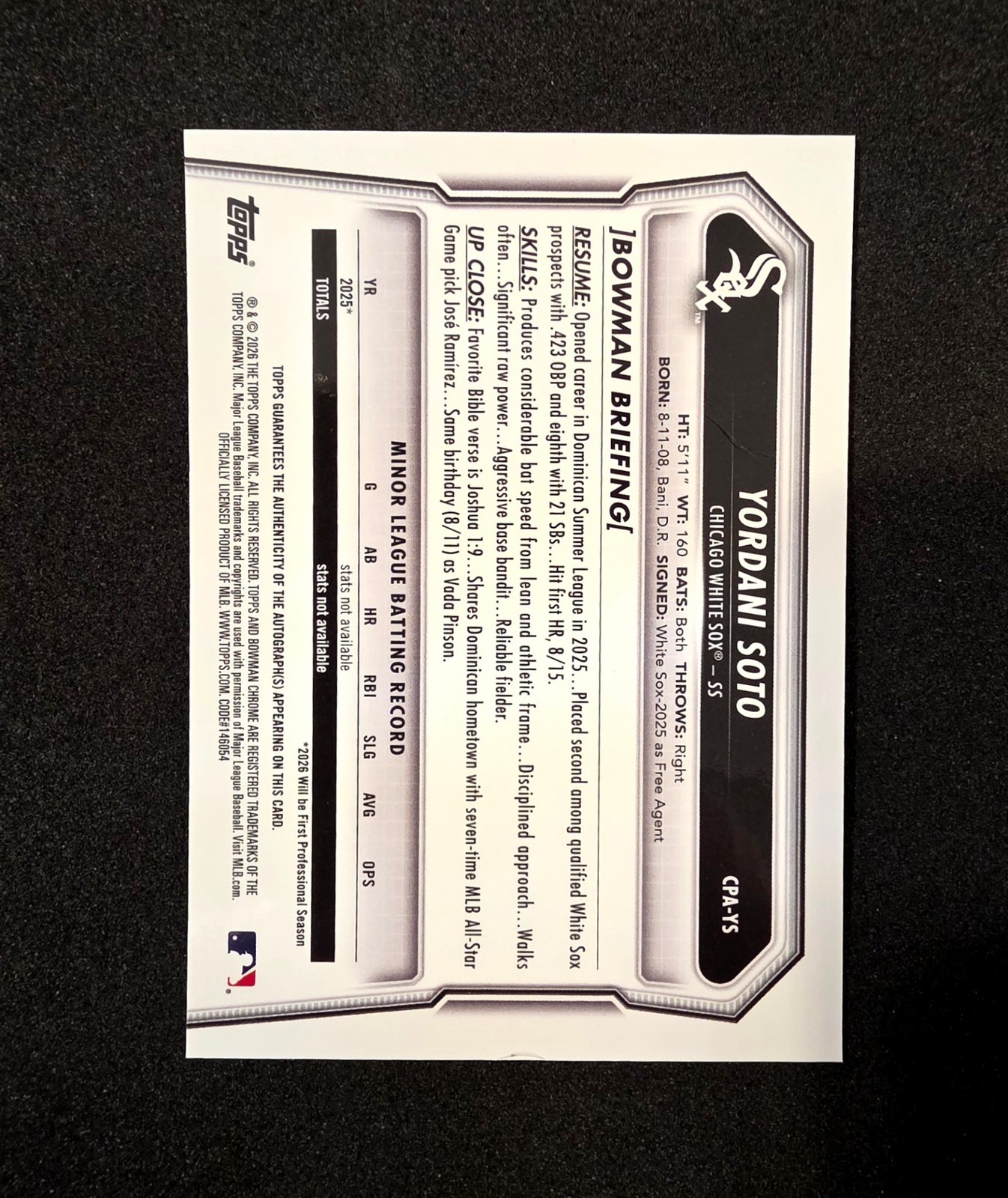 2026 Bowman Chrome #CPA-YS Yordani Soto 1st Chrome Prospect Auto White Sox view 2
