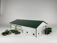 1/64 Scale Custom Farm Toy Implement Barn 70x120 White Sides Green Roof 