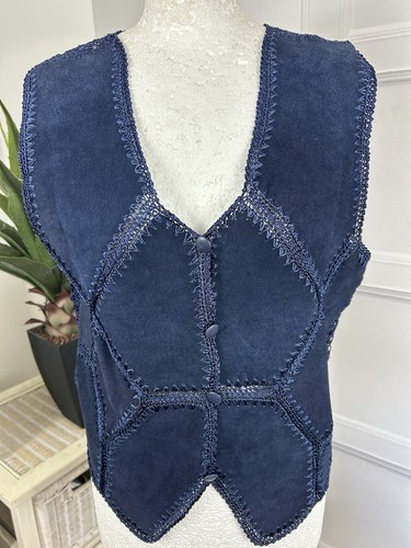 Liz Claiborne Leather Waistcoat Chest Size 36in With Lace Design Trim In Blue - Picture 2 of 17