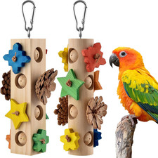 Bird Toys for Parrot, 2 Pcs Hanging Colorful Wood Blocks Pine Cones Parakeet Che