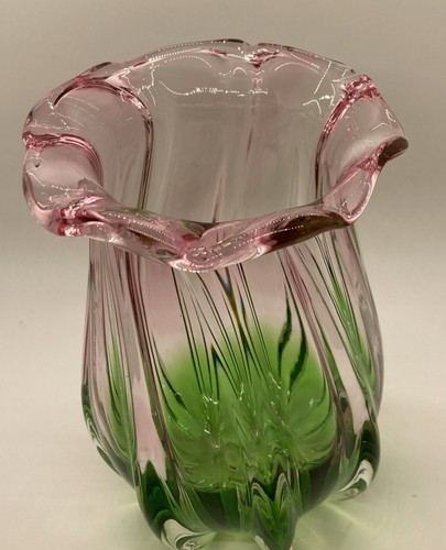Teleflora Vase Watermelon Pink Green blown glass ruffled edge sticker 7.75"H - Picture 2 of 6