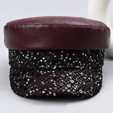 Women Fashion Faux Leather Flat Toe Sequins Basque Black Net Whiteners Hat