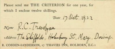 RARE!  Renowned English Poet'' R.C. Trevelyan Hand Written Order Form COA