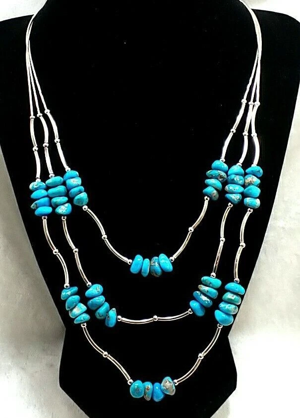 Vintage Sterling Silver Castle Dome Turquoise 3 Strand Liquid Silver Necklace
