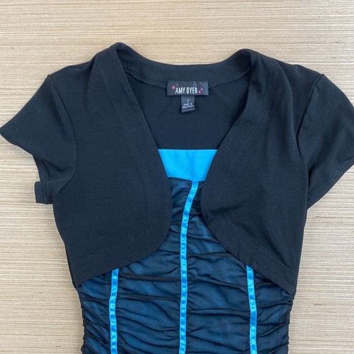 Amy Byer Dress Girls Sz 7 Black Blue Ruffle Sheer Bows Strips Short Tutu - Picture 4 of 11