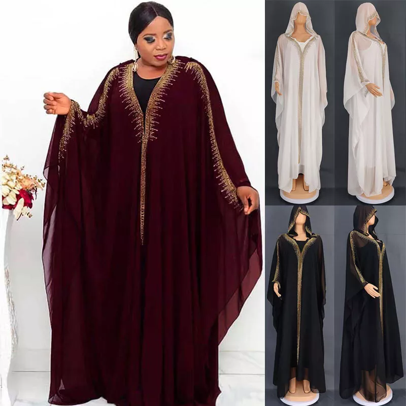 African Women Hooded Maxi Dress Dashiki Party Gown Moroccan Kaftan