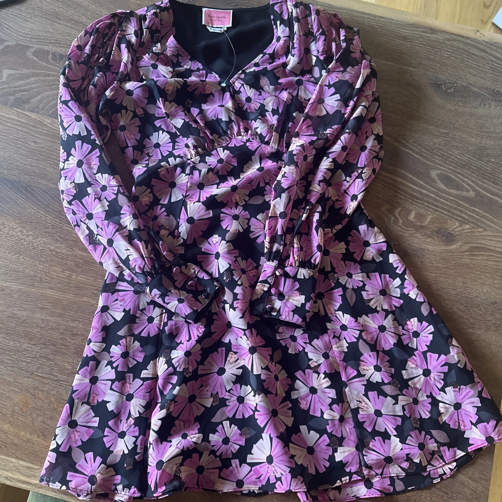 Mini abito Kate Spade taglia 0 Wallflower seta metallizzata rosa nero manica lunga nuovo senza etichette