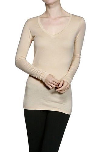 BASIC LONG SLEEVE V-NECK TOP T-Shirt Cotton Stretch Tight Thin plus S ~ 3XL - Picture 25 of 27
