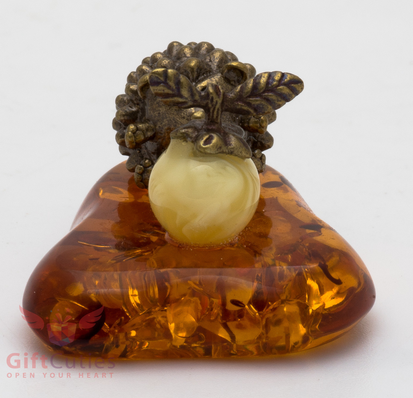 Solid Brass Amber Figurine of Hedgehog with Apple Totem talisman
