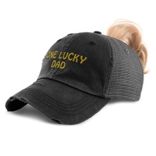 Womens Ponytail Cap 1 Lucky Dad Blessed Family E Luck Distressed Trucker Hats