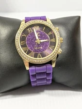 Charming Charlie Silver Tone Crystal Bezel Purple Rubber Band Watch 9 Inch