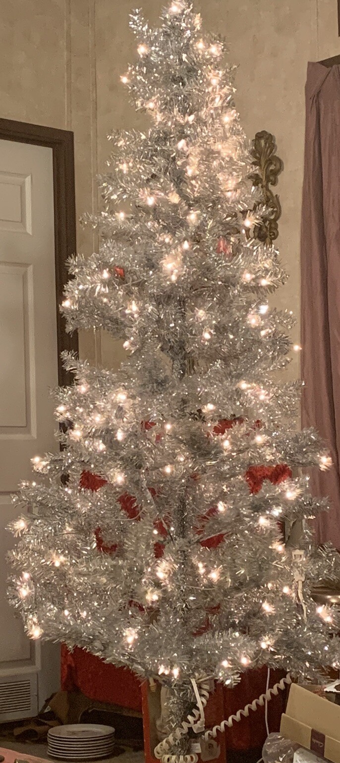 Holiday Time 6.5ft PreLit Silver Tinsel Christmas Tree With Rotating