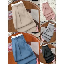 Womens Casual Solid Color Straight Pants Double Button High Waist Pleated Leg