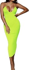 PRIMODA Women's Bodycon Midi Club Dress MEDIUM Neon-Green Deep V-Neck Sleeveless