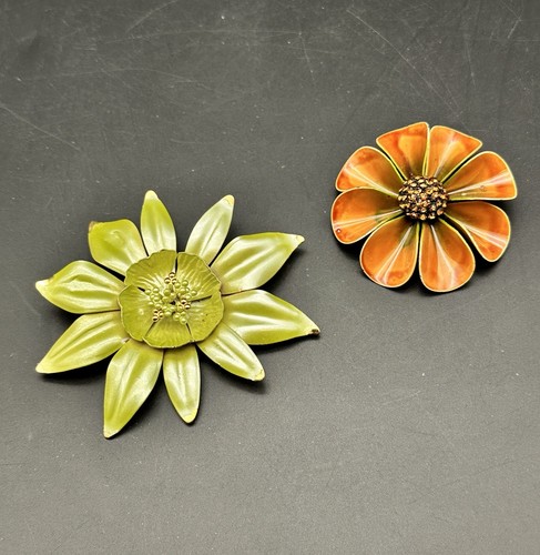 Hippie Retro Mod 60er Grüntöne große Metall Emaille Blume Broschen Pins JS