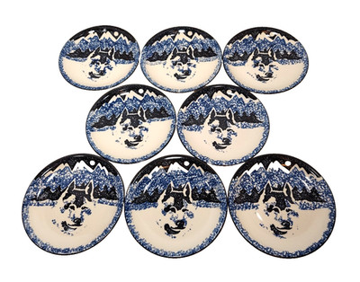 Folk Craft WOLF Stoneware Plate Set Of 8 Salad Blue Enamel Dish Dessert 7-5/8''