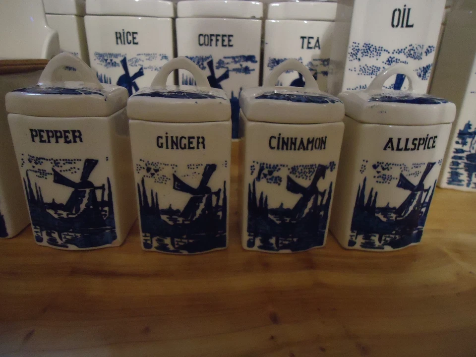 Juego de botes de cocina vintage de granja de campo azul blanco alemán de los años 30 13 piezas  Foto 4 de 4