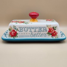 The Pioneer Woman Stonewear Butter Dish Vintage Floral Design, 8.5" Long